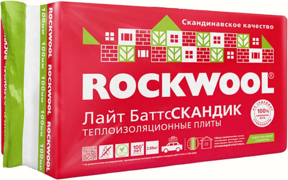 Rockwool Лайт Баттс Скандик легкая гидрофобизированная теплоизоляционная плита (0.6 м*0.8 м/100 мм)