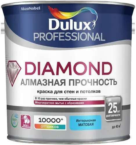 Dulux Professional Diamond Алмазная Прочность матовая износостойкая краска для стен и потолков (2.25 л) бесцветная