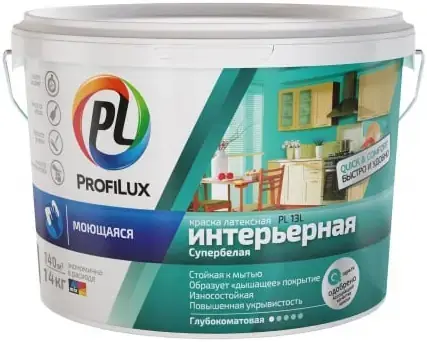 Профилюкс PL-13L краска для ванной и кухни моющаяся (14 кг) супербелая