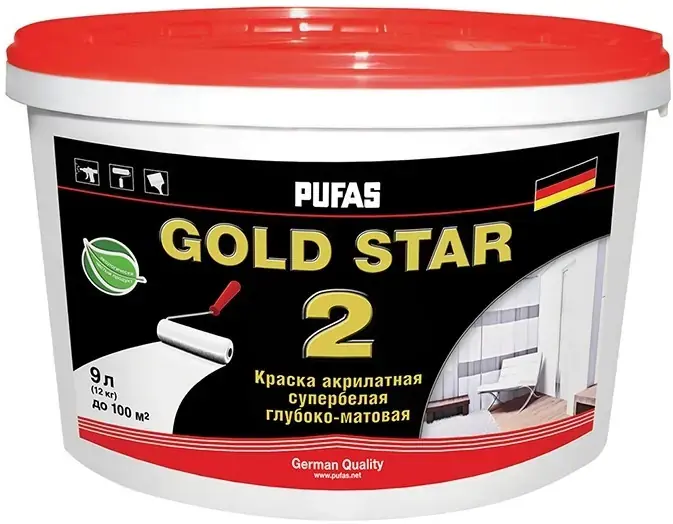 Пуфас Gold Star 2 краска акрилатная супербелая глубокоматовая (9 л) супербелая