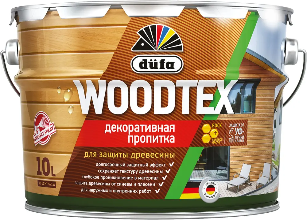 Dufa Woodtex декоративная пропитка для защиты древесины (10 л) белая