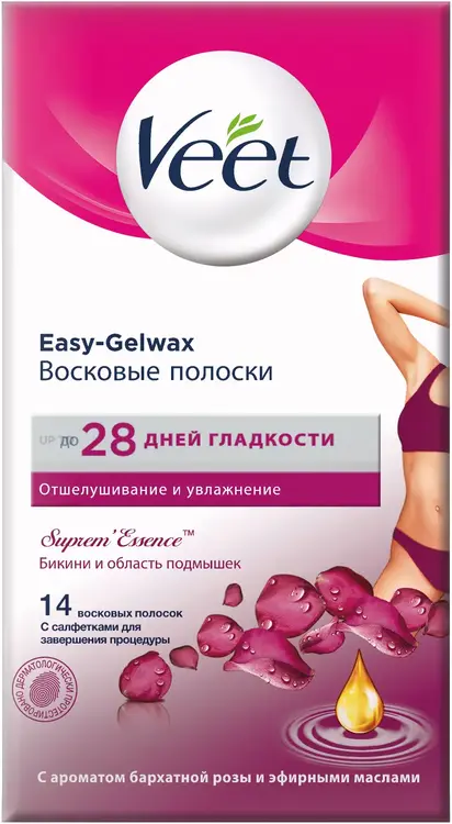 Veet Easy-Gelwax с Ароматом Бархатной Розы и Эфирными Маслами восковые полоски (1 пачка) 14 восковых полосок + 4 салфетки