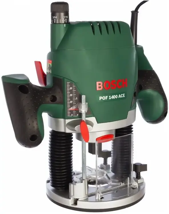 Bosch POF 1400 ACE фрезер по дереву (1400 Вт) 1 фрезер + 1 центрирующий стержень + 1 копировальная втулка * 17 мм + 1 пазовая фреза * 8 мм + 3 зажимны