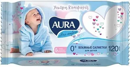Aura Ultra Comfort салфетки влажные для детей 0+ (120 салфеток в пачке с клапаном)