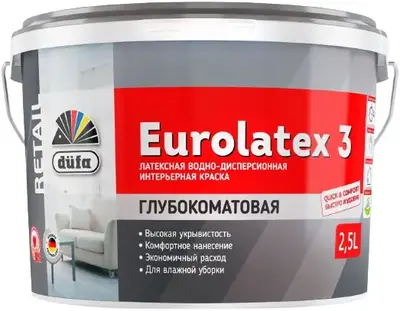 Dufa Retail Eurolatex 3 глубокоматовая латексная краска водно-дисперсионная (2.5 л) белая