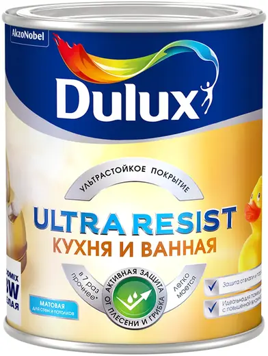 Dulux Ultra Resist Кухня и Ванная краска для стен и потолков (4.5 л) бесцветная база BC матовая