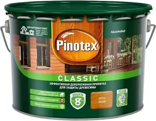 Пинотекс Classic эффективная декоративная пропитка для защиты древесины (9 л ) орегон