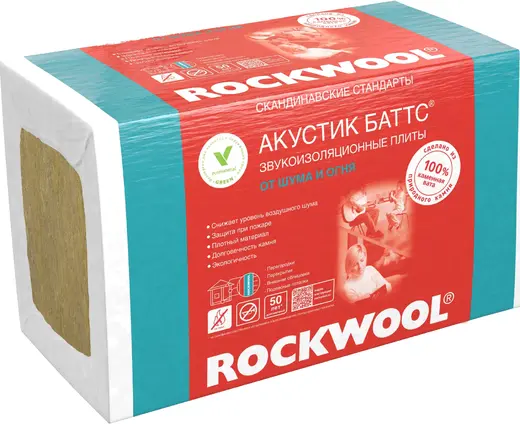 Rockwool Акустик Баттс звукоизоляционная плита из каменной ваты от шума и огня (0.6*1 м/75 мм)