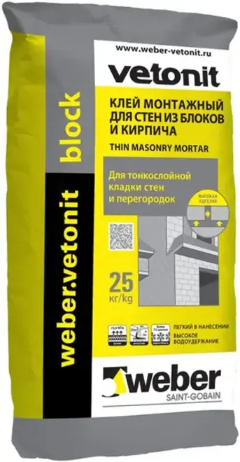 Вебер Ветонит Block клей монтажный для стен из ячеистых блоков и кирпича (25 кг)