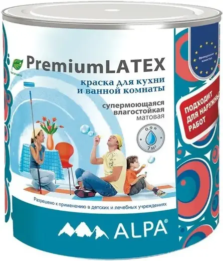 Alpa Premium Latex краска для кухонь и ванных комнат супермоющаяся влагостойкая (900 мл) белая
