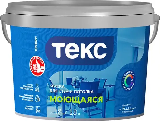 Текс Профи краска моющаяся для стен и потолков (1.8 л) бесцветная