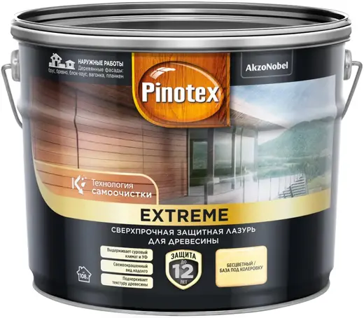 Пинотекс Extreme сверхпрочная защитная лазурь для древесины (9 л база BC) бесцветная