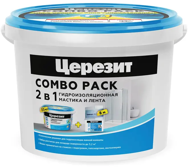 Церезит Combo Pack 2 в 1 набор для гидроизоляции (мастика + лента 1 набор (1 мастика * 7.5 кг + 1 лента * 8 м)