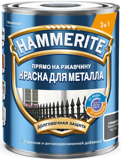Hammerite Прямо на Ржавчину краска для металла 3 в 1 (2 л) темно-серая RAL 7016 гладкая (Россия)