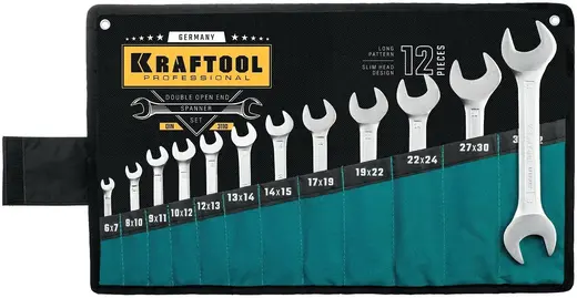Kraftool набор рожковых гаечных ключей (6-32 мм 12 ключей + 1 нейлоновый чехол)
