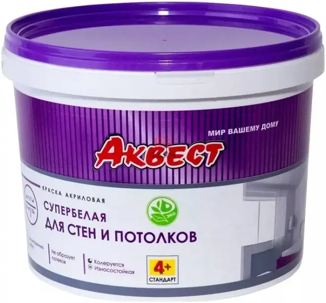 Аквест Standart А 4+ краска акриловая для стен и потолков (25 кг) супербелая