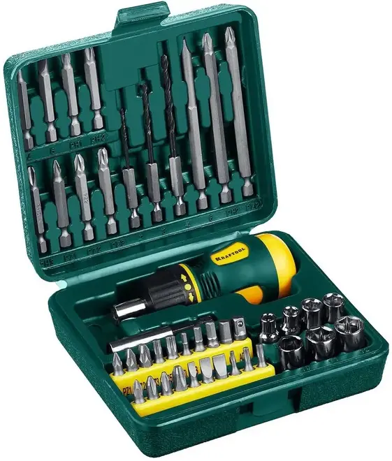 Kraftool Kompakt-43 отвертка реверсивная с насадками (43 предмета)