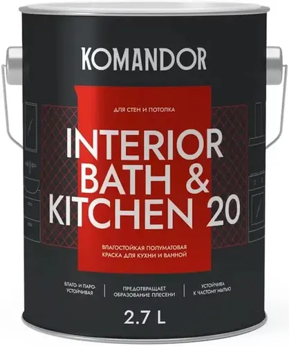 краска "interior bath&kitchen 20" влагостойкая база a 2,7 л (1) "komandor"
