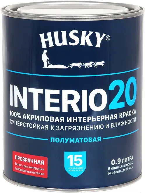 Хаски Interio 20 акриловая интерьерная краска полуматовая (900 мл) бесцветная