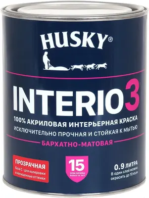 Хаски Interio 3 акриловая интерьерная краска бархатно-матовая (900 мл) бесцветная