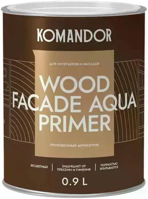 Командор Wood Facade Aqua Primer грунтовочный антисептик для интерьеров и фасадов (900 мл) бесцветный