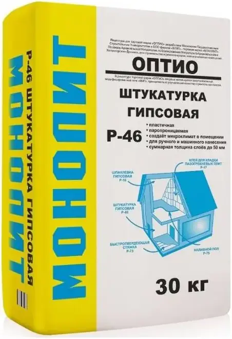 Монолит Р-46 Оптио штукатурка гипсовая облегченная (30 кг)