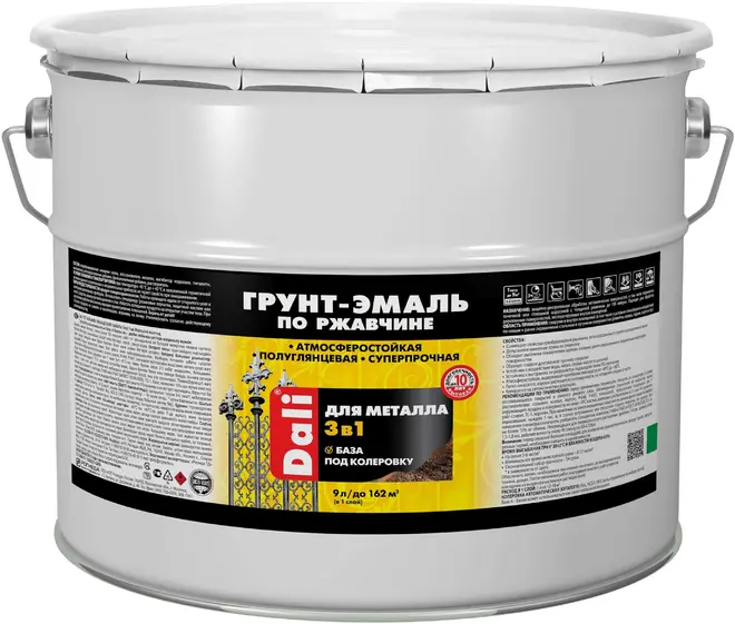 Dali База под колеровку грунт-эмаль по ржавчине 3 в 1 для металла (9 л) бесцветная