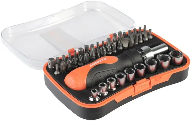 Патриот SPS-46 отвертка-трещотка с набором бит и торцевых головок (46 предметов)