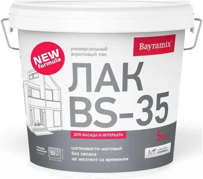 Bayramix BS-35 лак универсальный акриловый для фасада и интерьера (5 кг) шелковисто-матовый