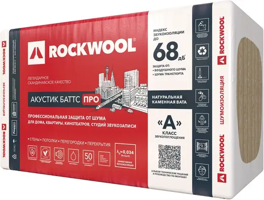 Rockwool Акустик Баттс Про КС звукоизоляционная плита из каменной ваты от шума и огня (0.6*1 м)