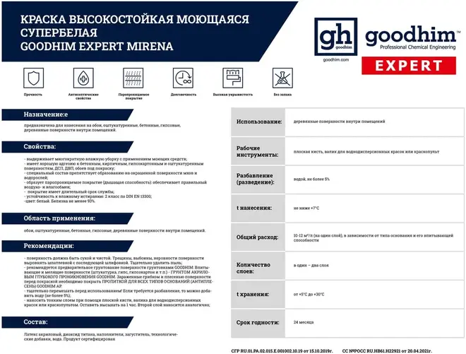 Goodhim Expert Mirena краска высокостойкая моющаяся (2.4 л) бесцветная