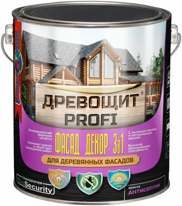 Красковия Древощит Profi Фасад Декор 3 в 1 краска-антисептик для деревянных фасадов (2.5 кг) бесцветная