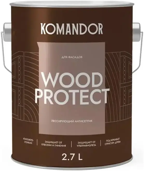 Командор Wood Protect антисептик лессирующий для фасадов (2.7 л) бесцветная