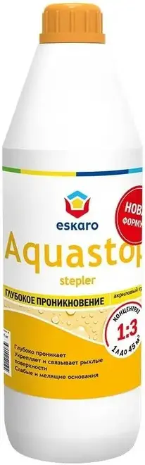 Eskaro Aquastop Stepler грунт-концентрат 1:3 акриловый глубокого проникновения (1 л) Белый, после высыхания прозрачный