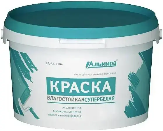 Альмира Интерьерная Супербелая Влагостойкая краска водно-дисперсионная акриловая (3 кг) белая