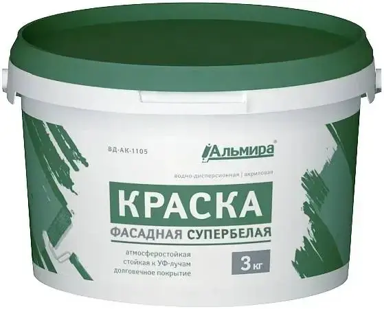 Альмира Фасадная Супербелая Люкс краска водно-дисперсионная акриловая (3 кг) белая