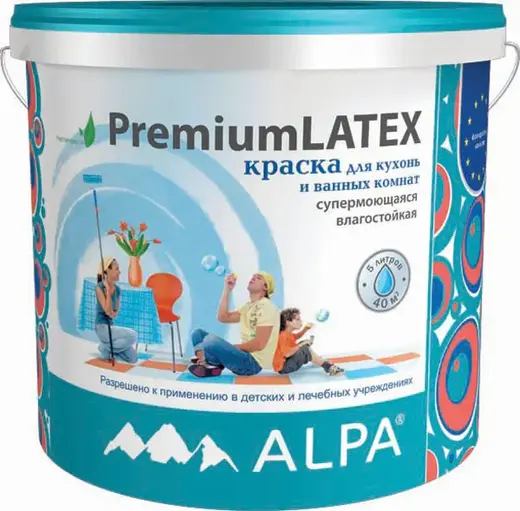 Alpa Premium Latex краска для кухонь и ванных комнат супермоющаяся влагостойкая (5 л) белая