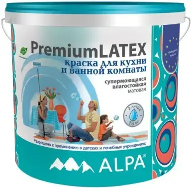 Alpa Premium Latex краска для кухонь и ванных комнат супермоющаяся влагостойкая (2 л) белая