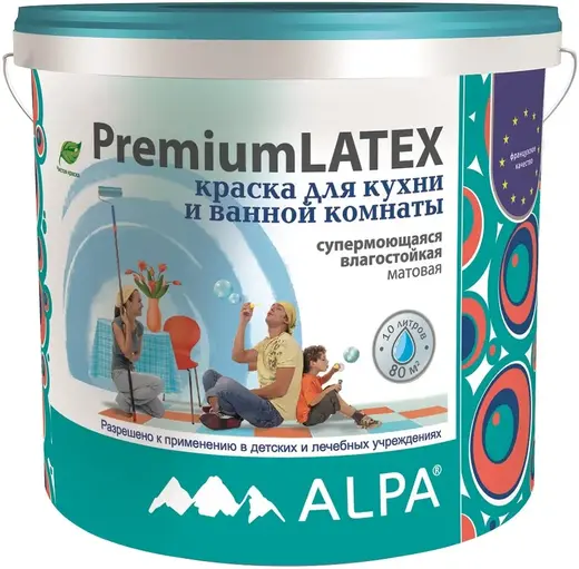 Alpa Premium Latex краска для кухонь и ванных комнат супермоющаяся влагостойкая (10 л) белая