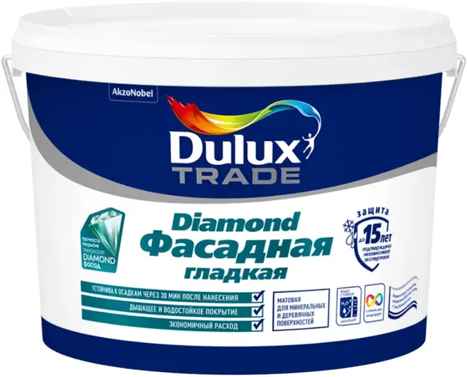 Dulux Trade Diamond Фасадная Гладкая матовая водно-дисперсионная краска для фасадных поверхностей (900 мл) бесцветная