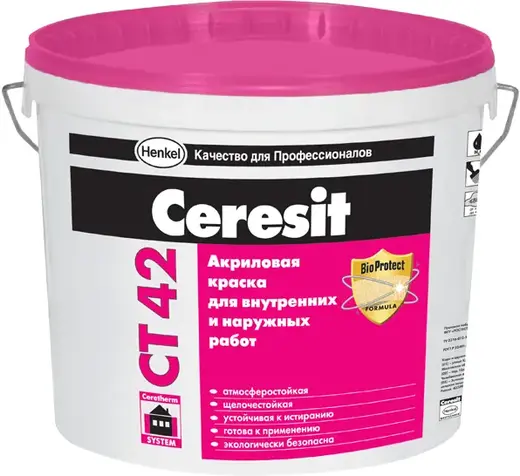 Ceresit CT 42 краска акриловая для внутренних и наружных работ (15 л) белая