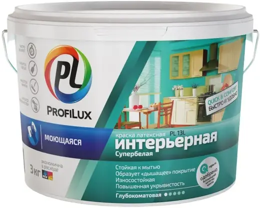 Профилюкс PL-13L краска для ванной и кухни моющаяся (3 кг) супербелая