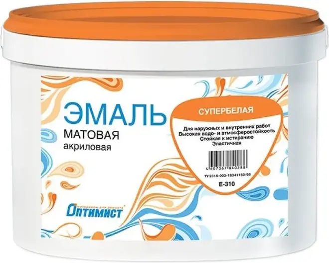 Оптимист E 310 эмаль матовая акриловая супербелая (3 кг) супербелая