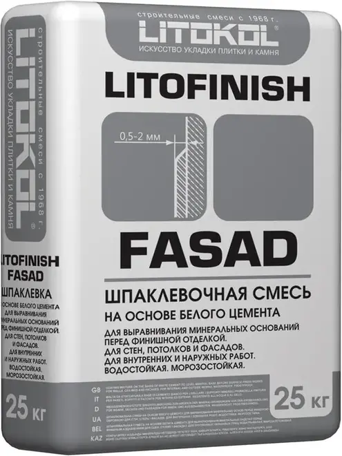 Литокол Litofinish Fasad шпаклевочная смесь на основе белого цемента (25 кг)