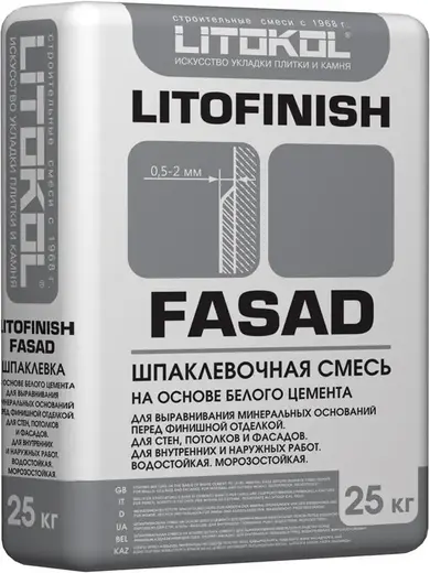 Литокол Litofinish Fasad шпаклевочная смесь на основе белого цемента (25 кг) белая