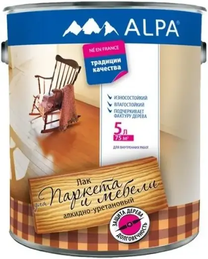 Alpa для Паркета и Мебели лак алкидно-уретановый износостойкий влагостойкий (5 л) глянцевый