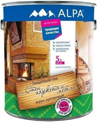 Alpa для Стен, Паркета и Мебели защитный лак акрил-уретановый сверхпрочный износостойкий (5 л) глянцевый