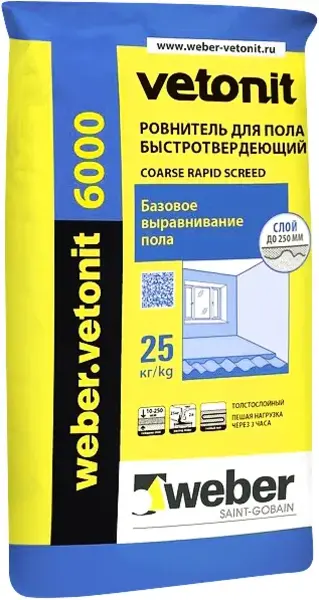 Вебер Ветонит 6000 Coarse Rapid Screed ровнитель для пола быстротвердеющий (25 кг)