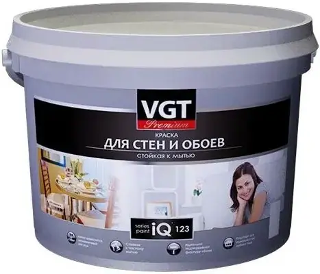 ВГТ Premium IQ 123 краска для стен и обоев стойкая к мытью (7 л) бесцветная