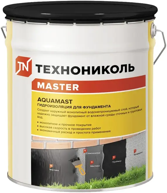 Технониколь Master Aquamast Гидроизоляция для Фундамента мастика гидроизоляционная битумная для фундаментов (18 кг)